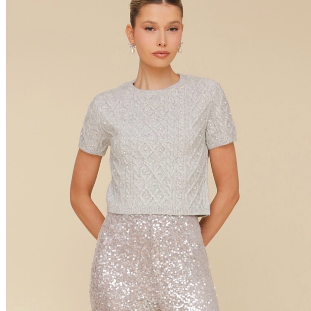 Avec Les Filles Gray Cable Knit Sweater with Pearls